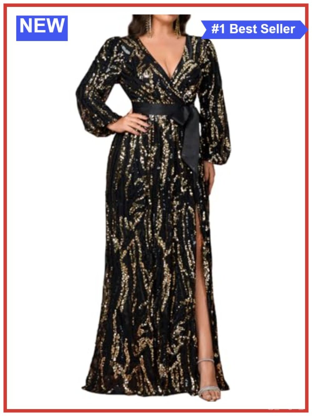 Plus Size Long Sleeve Sequined V-Neck High Slit Formal Evening Dress